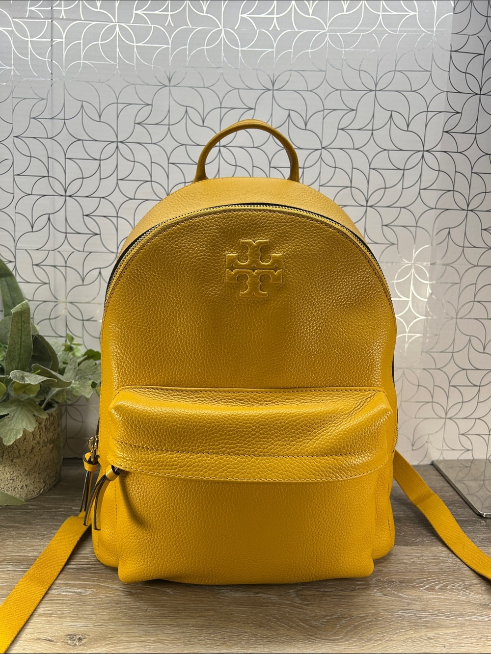 Tory Burch Thea Mustard Pebbled Leather Backpack